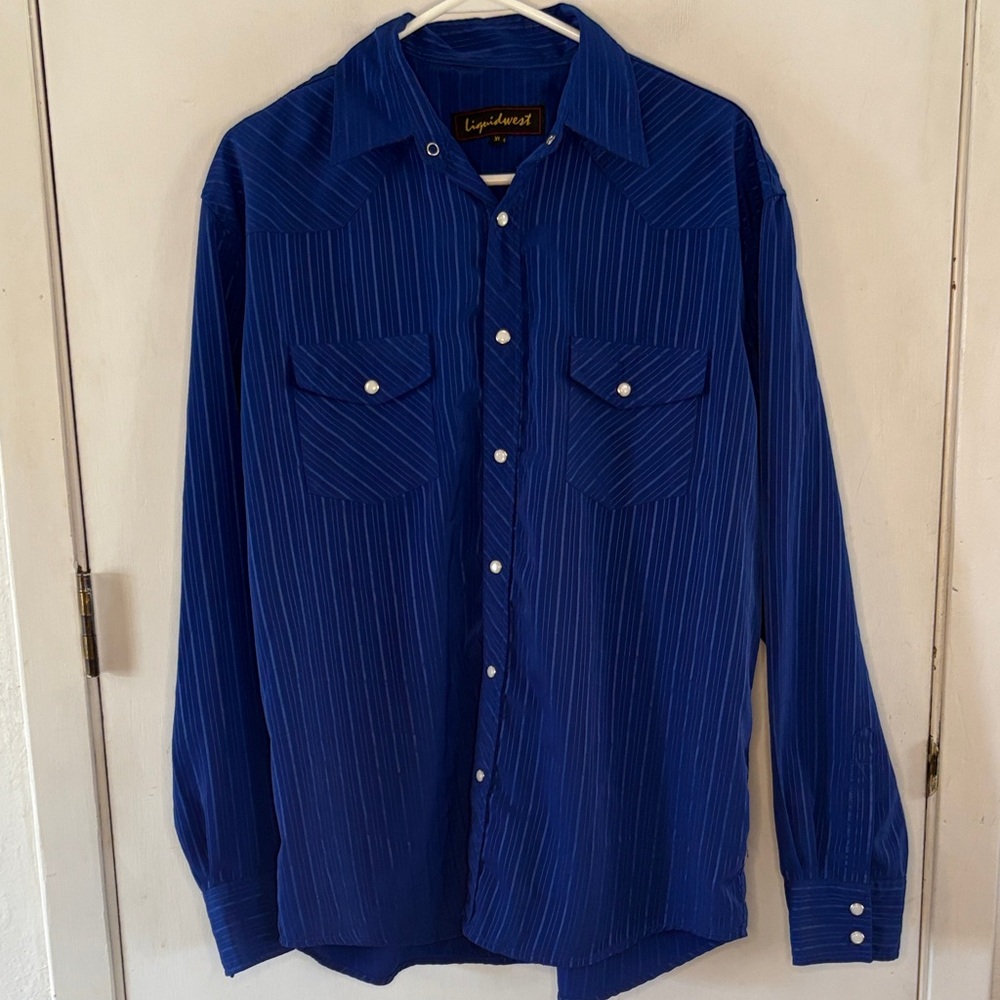 Liquidwest blue vertical satin stripe L/S button down western shirt Sz XL